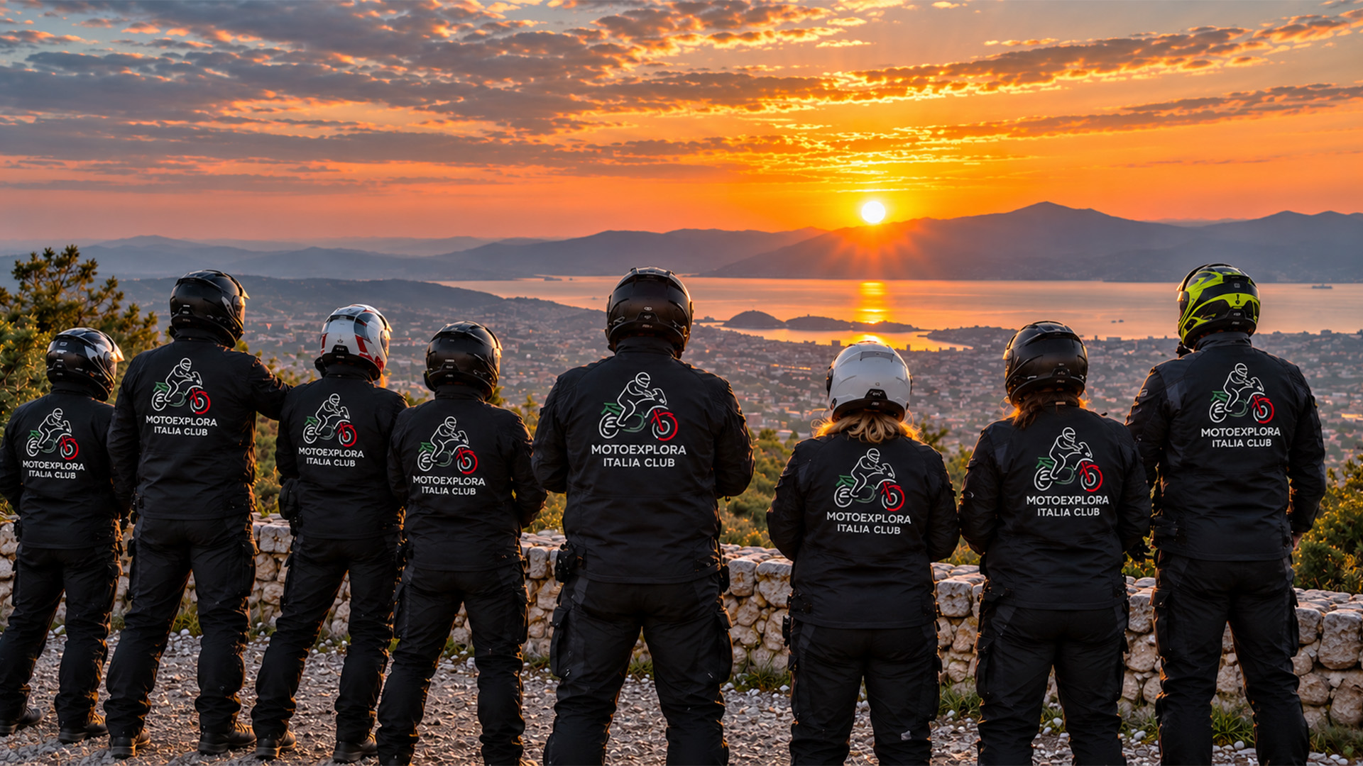 Motociclisti del Motoexplora Italia Club davanti al tramonto sul mare